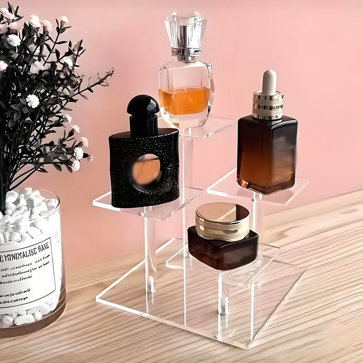 1 Soporte de exhibición moderno y transparente de acrílico - 4 estantes cuadrados desmontables para especias, figuritas, perfumes y joyas, adecuado para almacenamiento de escritorio en dormitorio y sala de estar.