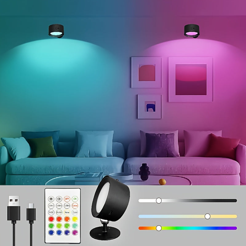 GVTCO 2pcs/1pc Luz LED de Pared, Lámpara Mural RGBW Inalámbrica con Rotación 360°, Sin Necesidad de Taladrar, Batería 120mAh, Control Remoto - Regulable para Iluminación Nocturna en Mesitas de Noche, Lectura y Decoración de Dormitorio
