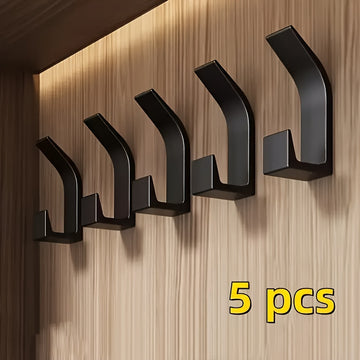 5 ganchos adhesivos modernos sin taladro, ganchos para toallas y abrigos que ahorran espacio, plástico negro, diseño elegante para baño, dormitorio y organización del hogar, ganchos utilitarios