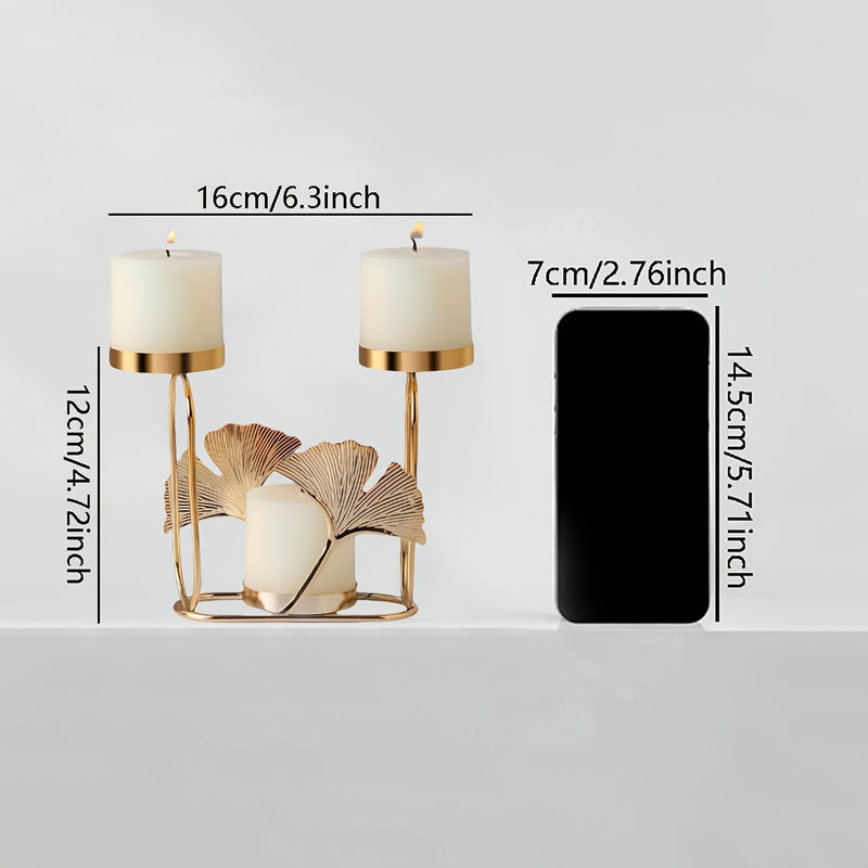 Soporte para velas de hierro artístico premium, 3 cabezas con diseño creativo de hoja de ginkgo, liviano, decorativo para cenas y fiestas, 1 unidad