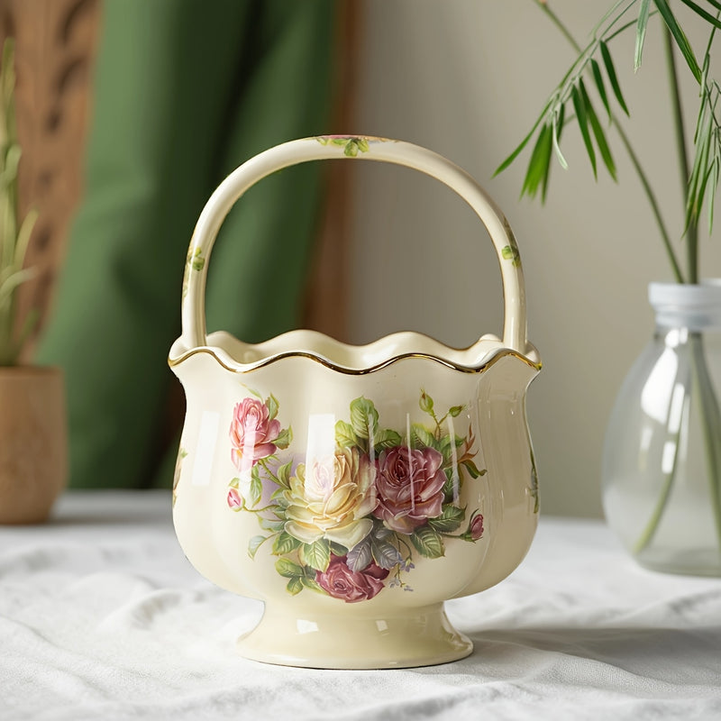 Cesta de Frutas de Cerámica Pintada a Mano con Rosas Rojas Vibrantes y Detalles Dorados - Perfecta para el Té de la Tarde, Almacenamiento en la Cocina y Ocasiones Especiales como Navidad, San Valentín, Día de la Madre