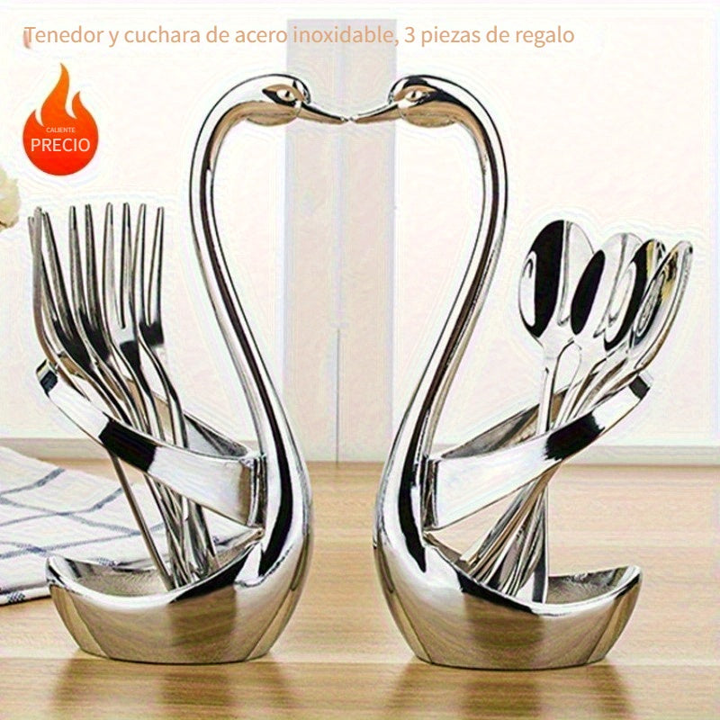 2 Elegantes Porta Cubiertos en Forma de Cisne de Acero Inoxidable, Equipados con un Juego Adicional de 3 Tenedores y 3 Cucharas - Perfecto para Servicios de Catering