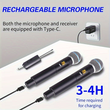 2 Micrófonos Inalámbricos Portátiles Micrófono Inalámbrico Multiusos, Micrófono de Karaoke, Sistema Dinámico Portátil con Receptor Recargable para Fiestas, Iglesia, Reuniones, Bodas