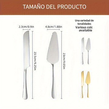 Juego de 2 cuchillos para pastel y pala para pizza de acero inoxidable dorado - Ideal para cumpleaños, bodas, fiestas y ocasiones especiales, perfecto para servir postres y pizzas, utensilios para ocasiones especiales | Vajilla elegante | Cubiertos durad