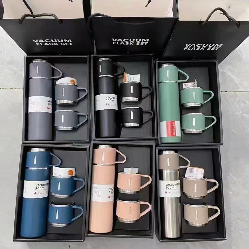 Juego de 4 termos de acero inoxidable con 3 tapas, multiusos, sin necesidad de electricidad, ideal para bebidas frías y calientes, incluye caja de regalo