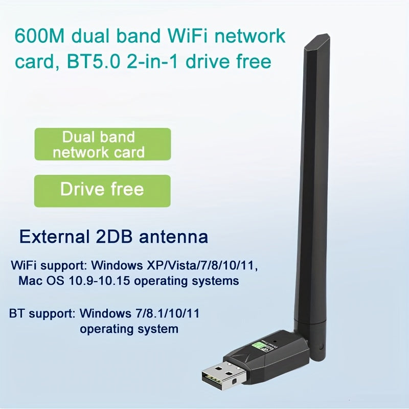 Adaptador de red inalámbrica WiFi de banda dual de 600Mhz USB, receptor externo de 2,4/5GHz para PC/Portátil/Escritorio, Plug-and-Play, Sin batería requerida, Adaptador WiFi para PC | Diseño USB elegante | Soporte de red de banda dual