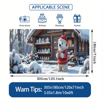 2D Banner de puerta, 1 pieza, Oso polar navideño festivo con banner de puerta de chocolate caliente - Poliéster, escena de cabaña nevada, ideal para decoraciones navideñas, bodas y celebraciones de jardín al aire libre, decoraciones navideñas