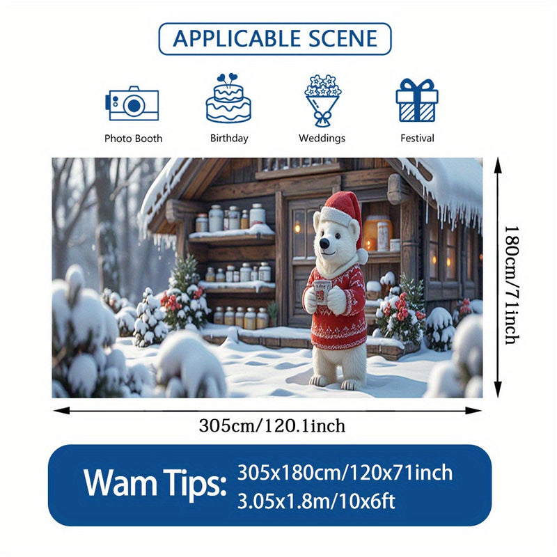 2D Banner de puerta, 1 pieza, Oso polar navideño festivo con banner de puerta de chocolate caliente - Poliéster, escena de cabaña nevada, ideal para decoraciones navideñas, bodas y celebraciones de jardín al aire libre, decoraciones navideñas