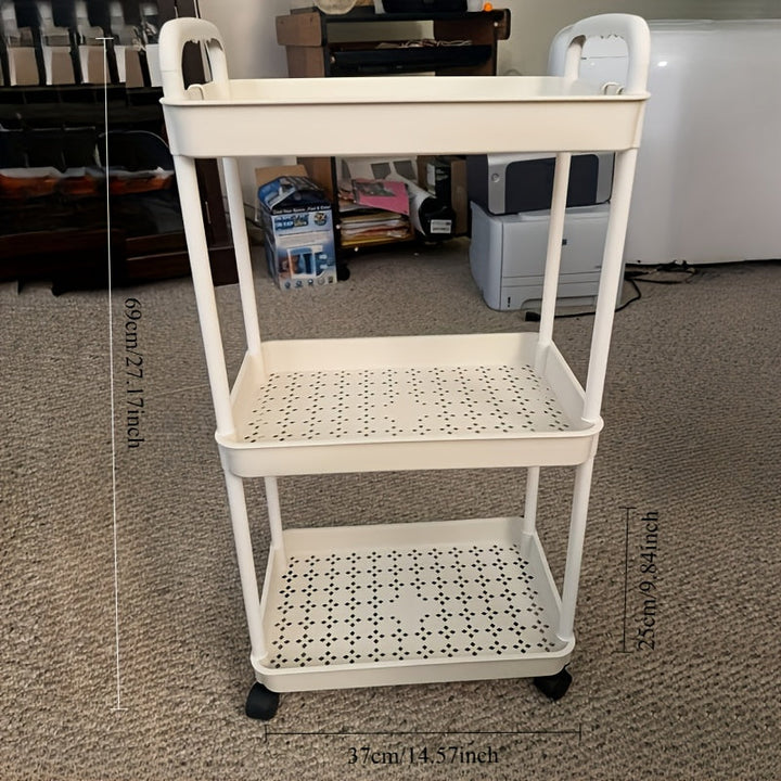 Carrito de Almacenamiento Rodante de Plástico Blanco de 3 Niveles con Asa - Organizador Multiusos para Cocina, Baño y Dormitorio - Estantes de Malla Duraderos para Acceso Fácil, Carro Utilitario Móvil | Almacenamiento Moderno | Almacenamiento Ventilado