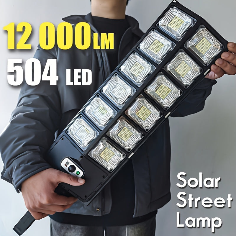 1 lámpara de calle solar, 504×6500K LEDs con lente. Luz automática de puesta de sol a amanecer alimentada por energía solar para estacionamientos; sensor de movimiento de ángulo amplio y farola controlada a distancia. Ideal para iluminación comercial/cor