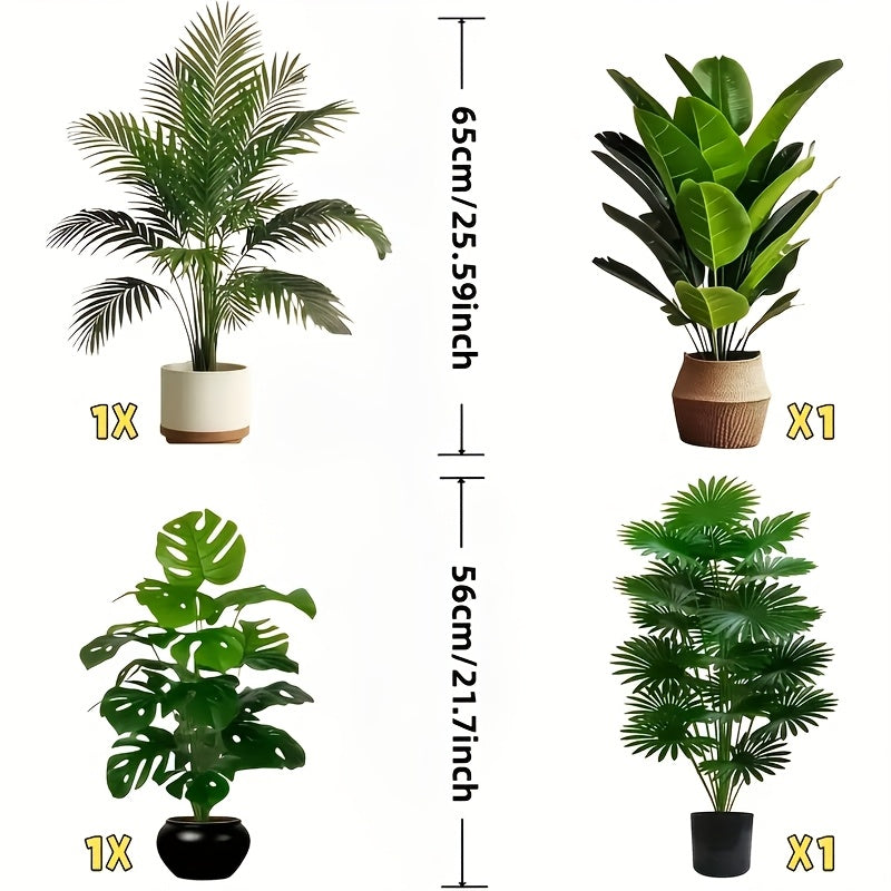 Juego de 4 piezas, incluye combinación de plantas artificiales de hojas grandes. Ideal para exteriores—árbol decorativo tropical de hoja ancha, macetas para interior y exterior todo el año, bodas, hoteles, jardines, patios estilo nórdico, árboles falsos
