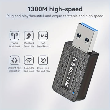 Adaptador inalámbrico USB de 1300 Mbps, adaptador de tarjeta LAN inalámbrica, adaptador de wifi para computadora portátil de escritorio, banda dual de 2.4G/5.8Ghz, compatible con protocolo inalámbrico 802.11Ax, banda dual de 1300M simultáneamente, la ban