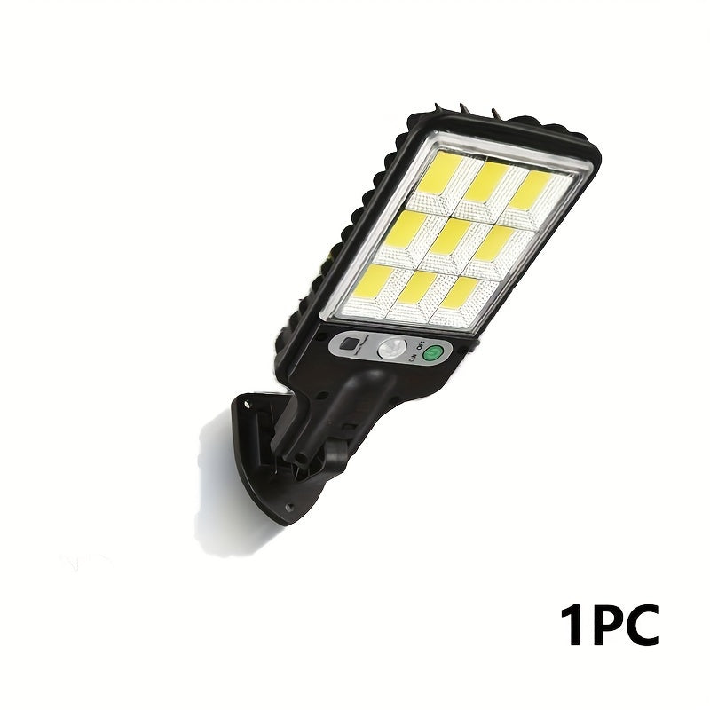 Lámparas solares exteriores: 1 lámpara solar con control remoto y sensor de movimiento, iluminación de 9 cuadrículas y ángulo amplio con LED COB de 6500K, interruptor automático, fácil instalación, ideal para garaje, porche, plaza e iluminación comercial