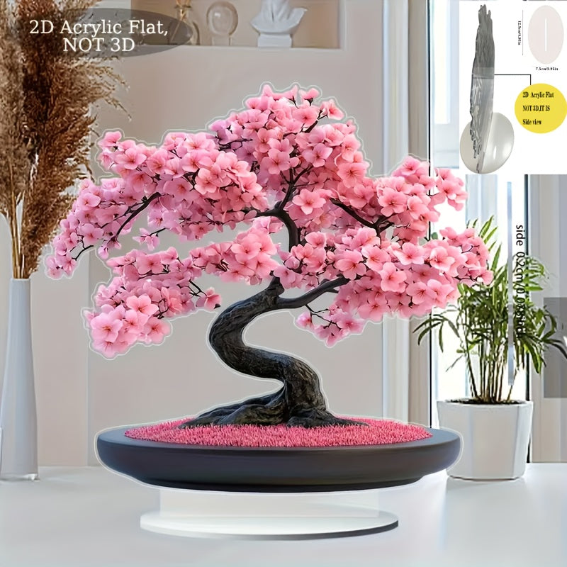 Árbol de Cerezo Acrílico 2D Plano - Tronco y Flores Rosas Vibrantes, Regalo para San Valentín, Decoración de Escritorio para Hogar/Oficina, Arte Floral Contemporáneo, Sin Montaje Necesario
