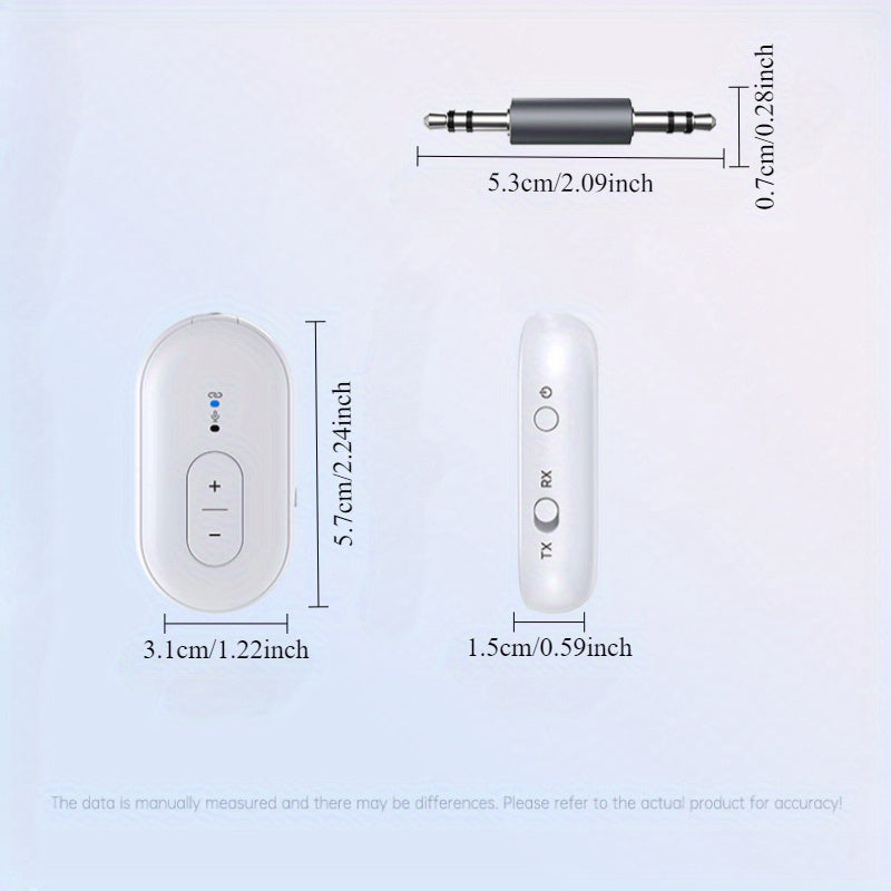 Adaptador de transmisión de audio inalámbrico 5.4 con enchufe auxiliar de 3,5 mm, carga USB, batería de polímero de litio para viajes, gimnasio, tableta, TV - Blanco, portátil, recargable