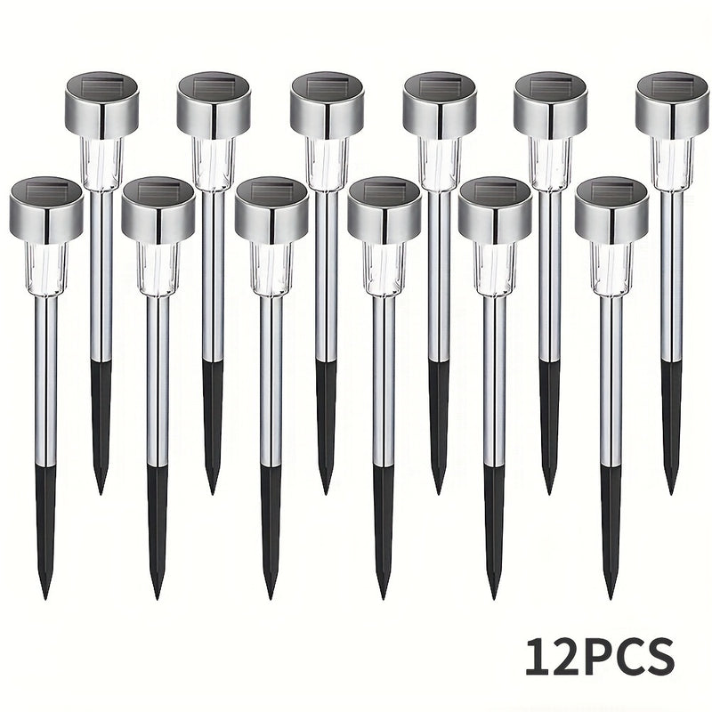 Juego de 12 Luces Solares Tubulares de Acero Inoxidable para Exteriores, Iluminación Paisajística y Jardín con Varilla de Acero Inoxidable, Lámpara para Césped IP44