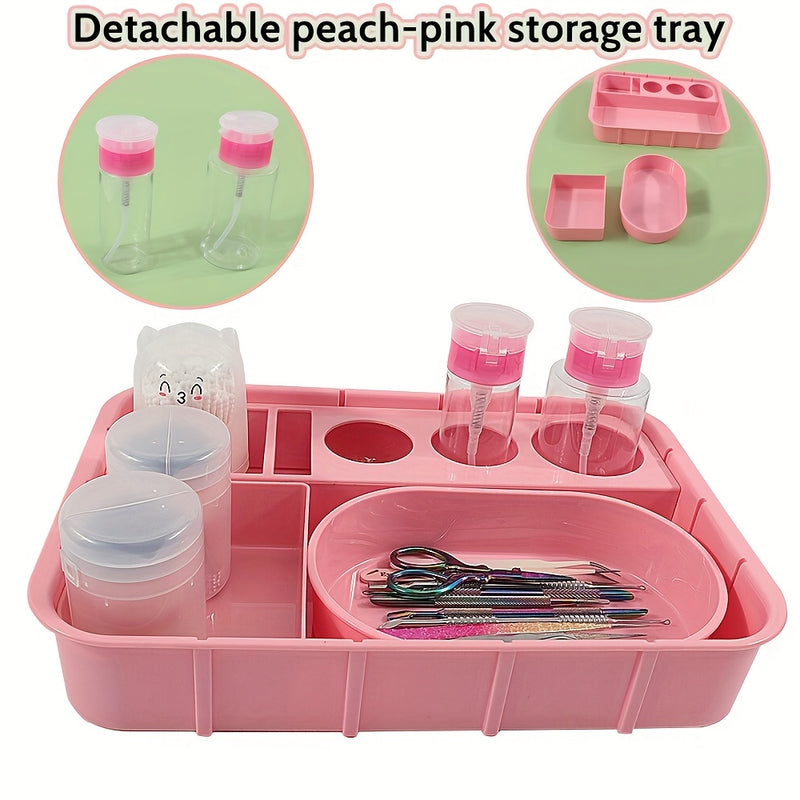 Organizador de Salón de Uñas de Gran Capacidad con Compartimentos - Estación de Desinfección Rosa, Bandejas Transparentes para Almacenamiento, Espacio Higiénico y Decorativo para el Hogar o Salón de Manicura