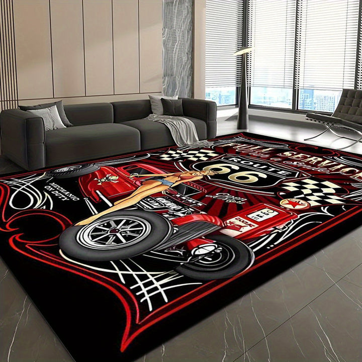 1pc Alfombra de Coche de Carreras y Ruta 66, Adecuada para Cocina, Pasillo, Dormitorio, Baño o Sala, Felpudo Ligero Antideslizante Lavable a Máquina y Grueso para Interior/Exterior
