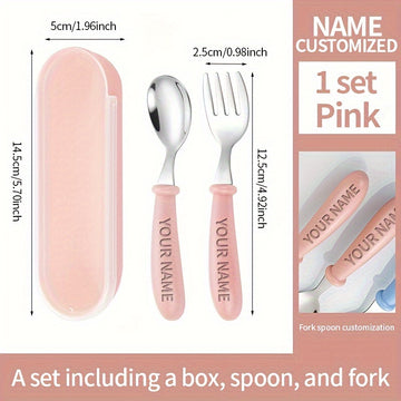 1PCS Vajilla Personalizada, Cuchara y Tenedor de Acero Inoxidable 304, Cuchillo y Tenedor Corto con Mango de Silicona para Aprendizaje de Alimentación Complementaria, Regalo de Apertura Escolar, Vajilla Portátil Personalizable