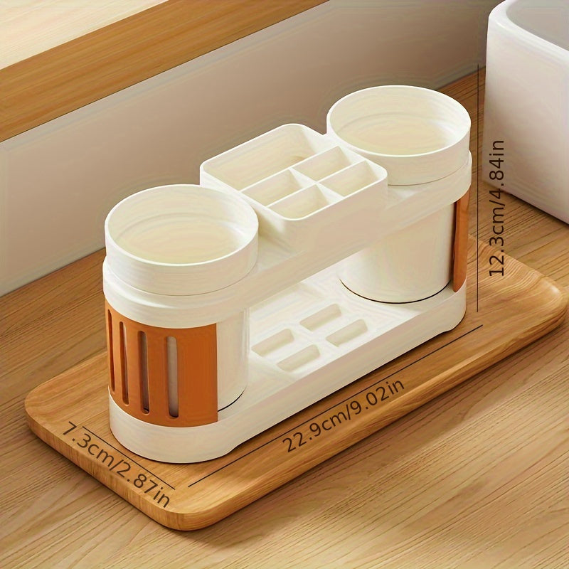 1set Soporte Moderno para Cepillos de Dientes de Plástico con Doble Vasos, Organizador de Baño Montado en el Suelo para Parejas, Juego de Vasos para Cepillos de Dientes y Enjuague Bucal No Eléctrico