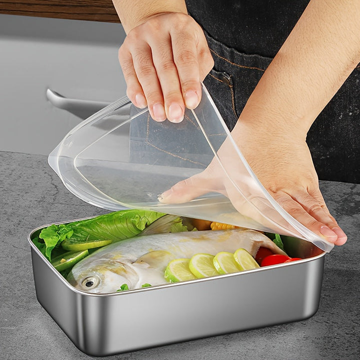 Juego de 3 Piezas de Recipientes para Almacenamiento de Alimentos de Acero Inoxidable con Tapas - Apto para Lavavajillas, Contenedores Cuadrados para Frutas y Verduras, Ideal para Organización en Nevera y Preparación de Comidas