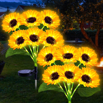 Poste verde con luces, girasol de cabeza grande, alimentado por energía solar, disponible en paquetes de uno o dos.
