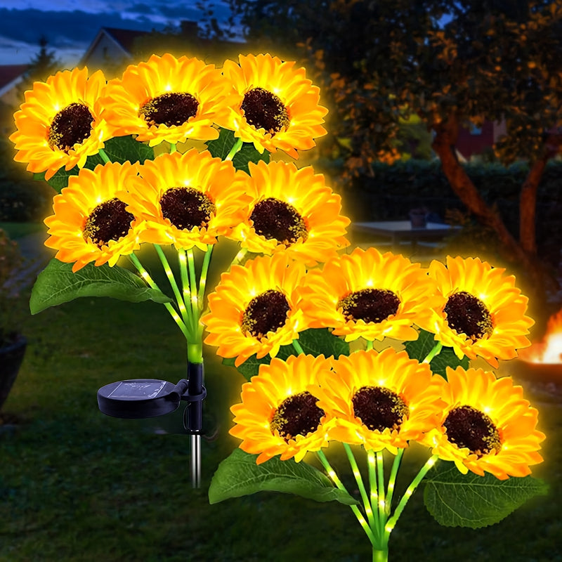 Poste verde con luces, girasol de cabeza grande, alimentado por energía solar, disponible en paquetes de uno o dos.