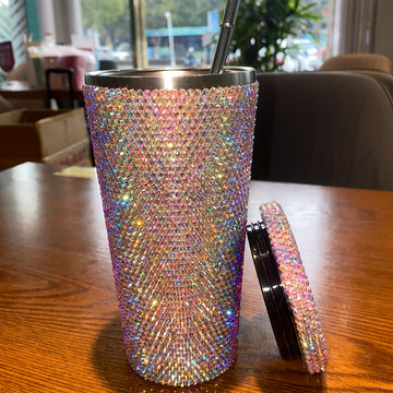1pc, Vaso Con Tapa Y Pajita Con Incrustaciones Brillantes, Botella De Agua De Acero Inoxidable 304, Tazas De Agua Con Aislamiento Al Vacío De Doble Pared, Bebidas De Verano E Invierno, Accesorios De Viaje, Regalos