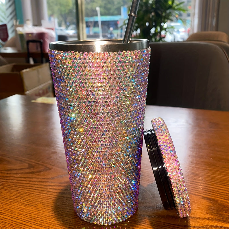 1pc, Vaso Con Tapa Y Pajita Con Incrustaciones Brillantes, Botella De Agua De Acero Inoxidable 304, Tazas De Agua Con Aislamiento Al Vacío De Doble Pared, Bebidas De Verano E Invierno, Accesorios De Viaje, Regalos