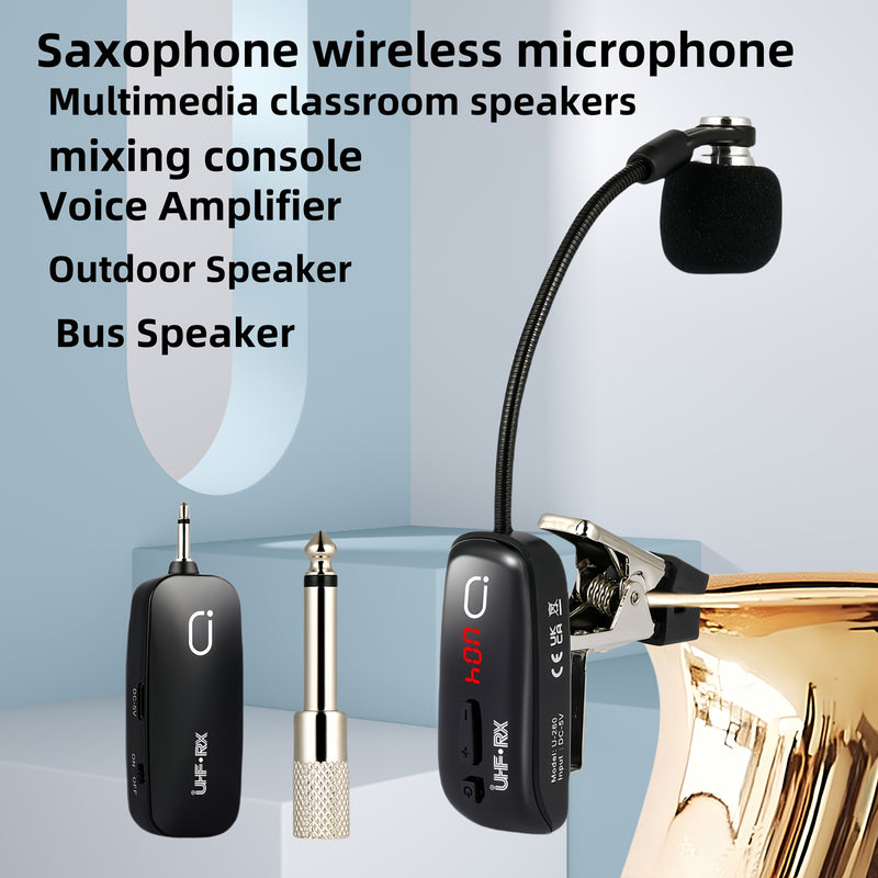 Sistema de Micrófono sin varillas UHF para Saxofón, Micrófono Clip-On para Instrumentos con Transmisor y Receptor, Distancia de Transmisión hasta 48.77 metros, Recargable Apto para Trompeta, Trompa, Violonchelo, Incluye Estuche de Almacenamiento