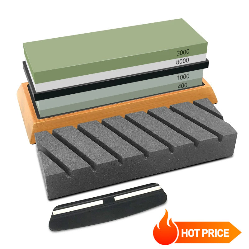3 piezas Conjunto profesional de afilado de cuchillos de cocina - Piedra de afilar 1000/3000/8000 granos, base de madera, guía de ángulo, sistema de afilado manual no eléctrico