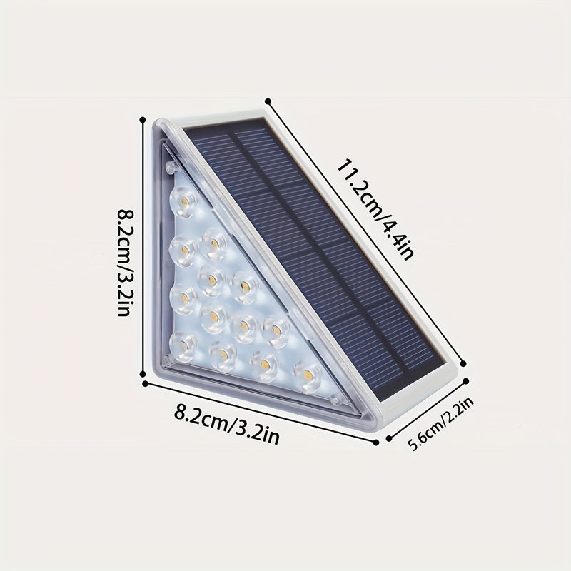 6/12 piezas de luces de escaleras solares LED triángulo, luces de escaleras de barbacoa al aire libre IP44, luces de pared de jardín blanco cálido, fácil instalación, control de interruptor, luces de escaleras de patio, garaje, acera, porche, puerta prin
