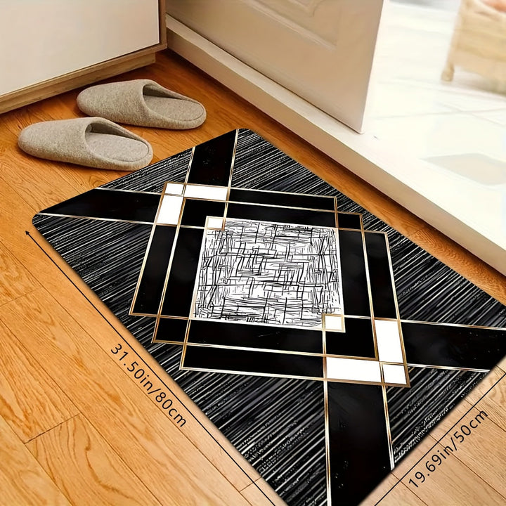 1 alfombra elegante negra y dorada con diseño geométrico, antideslizante, fácil de limpiar, lavable a máquina, de poliéster, para sala, dormitorio, cocina, oficina o baño, decoración rectangular para el hogar, alfombra de baño | Patrón geométrico | Alfom