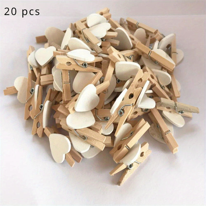 20 piezas de pinzas de madera con corazones, minipinzas para ropa, broches naturales para manualidades de boda DIY, adornos lindos para fiestas, colgar fotos y ropa