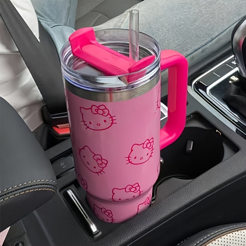 Sanrio 1pc, Térmico de Acero Inoxidable KT Cat Gran Capacidad - 40oz con Tapa y Pajita, Ideal para Bebidas de Verano e Invierno, Regalo Perfecto o Accesorio de Viaje