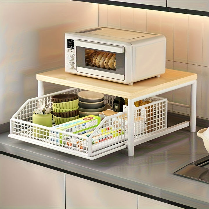 Organizador de Encimera para Cocina Ahorrador de Espacio con Cajón y Cesta Metálica - Estante de Almacenamiento de Madera Dura y Metal de 2 Niveles para Cafetera, Utensilios, Especias - Diseño Contemporáneo /Blanco, Sin Necesidad de Energía, Organización