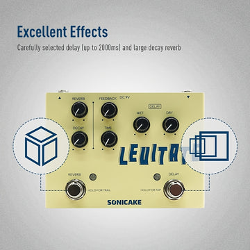 SONICAKE Pedal de efectos para guitarra con retraso y reverberación 2 en 1 - Levitación digital con retraso paramétrico y reverberación, control analógico, amarillo, conexión eléctrica de habitación, operación máxima de 36V, pedal de retraso para guitarr