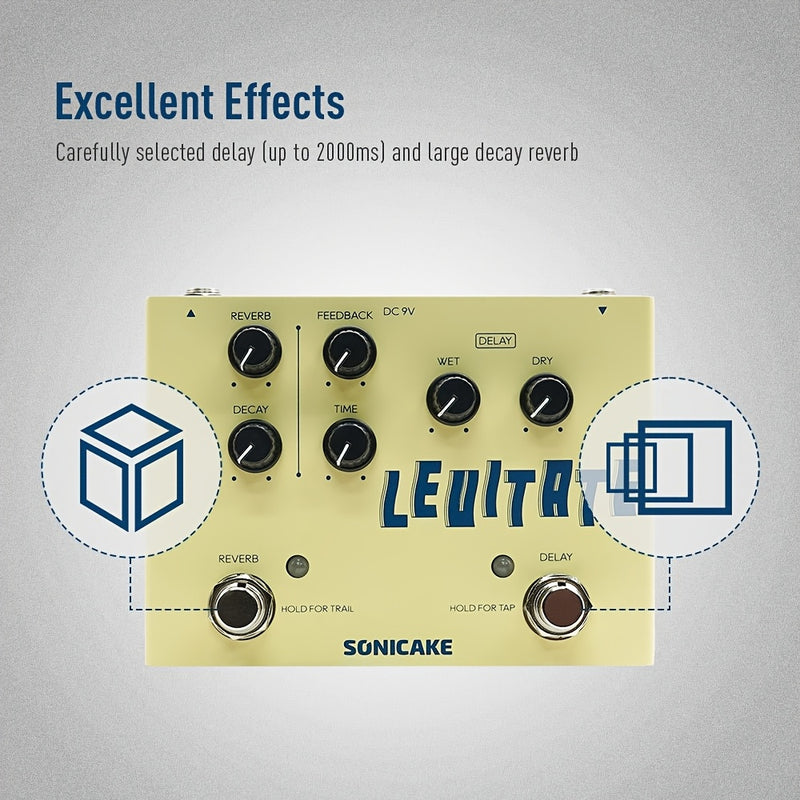 SONICAKE Pedal de efectos para guitarra con retraso y reverberación 2 en 1 - Levitación digital con retraso paramétrico y reverberación, control analógico, amarillo, conexión eléctrica de habitación, operación máxima de 36V, pedal de retraso para guitarr