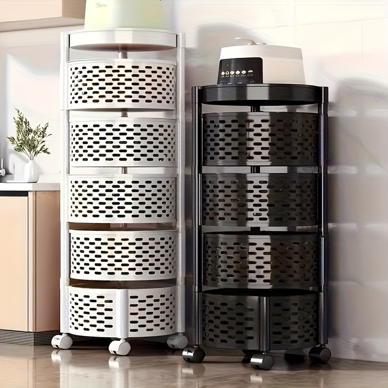 Estante de almacenamiento de cocina giratorio de 3 niveles - Organizador plegable y móvil que ahorra espacio con cajones de fresco para verduras, estante para snacks y ganchos para utensilios para cocinas modernas, estante de almacenamiento de cocina, co