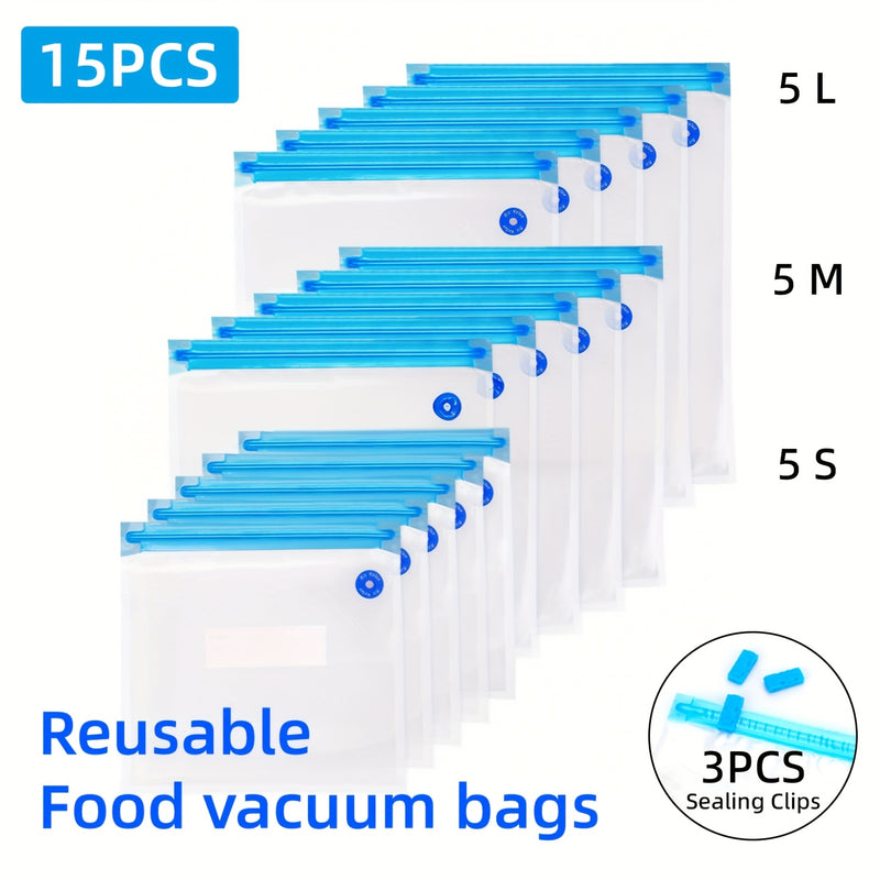 5/15 bolsas selladoras al vacío, fundas reutilizables de varios tamaños, para sous vide y preparación de comidas, material grado alimenticio sin BPA, almacenamiento manual duradero, cierre hermético, válvula de aire reemplazable, conservación fácil, esen