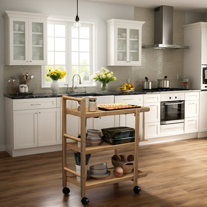 Carrito de almacenamiento de cocina de bambú versátil - Organizador de estanterías multifuncional, independiente, con ruedas para hogares y restaurantes de hot pot, impermeable, forma rectangular, 3 estantes para ingredientes y utensilios de cocina, esta