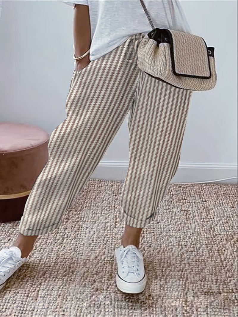 Pantalones de mujer 100% algodón, con cintura elástica y rayas, tobilleros, suaves y transpirables, casuales para vacaciones, con bolsillos, lavables a máquina, para primavera, verano y otoño, ropa de viaje, corte relajado, cómodos, con bolsillos, ideale