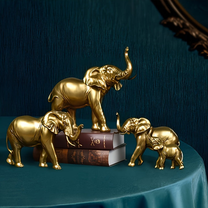 Figura de Elefante Dorado de Madre y Crías - Decoración de Resina para Sala de Estar, Entrada, Estantería - Regalo Perfecto para Acción de Gracias