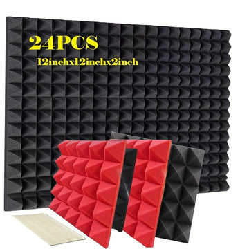 24 piezas, panel de absorción de sonido de algodón de pirámide de 12 * 12 * 2 pulgadas, negro y rojo (12 piezas negras + 12 piezas rojas), adecuado para paredes de estudios de grabación, salas de música, estudios de baile, paneles acústicos, salas de jue