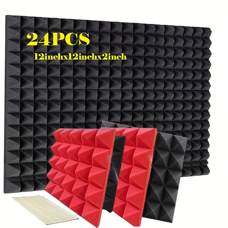 24 piezas, panel de absorción de sonido de algodón de pirámide de 12 * 12 * 2 pulgadas, negro y rojo (12 piezas negras + 12 piezas rojas), adecuado para paredes de estudios de grabación, salas de música, estudios de baile, paneles acústicos, salas de jue