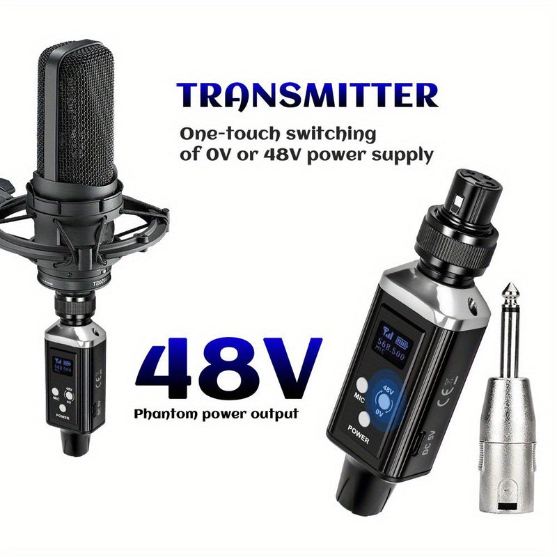 Sistema de micrófono inalámbrico profesional UHF con recarga USB, ganancia de audio incorporada, sonido HD sin pérdida, cambio de una sola tecla, 48V/0V, conector XLR, diseño compacto para micrófonos de condensador y bobina móvil, micrófono para grabació