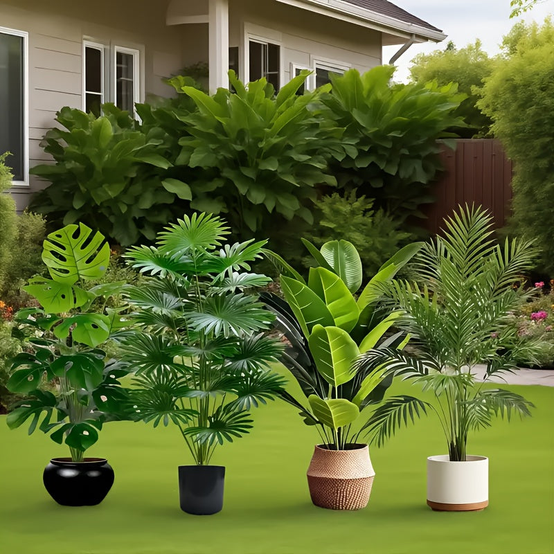 Juego de 4 piezas para todas las estaciones, incluye 48 plantas artificiales de hojas grandes. Adecuado para exteriores - árboles decorativos tropicales de hoja ancha, macetas para interiores y exteriores todo el año, estilo nórdico para bodas