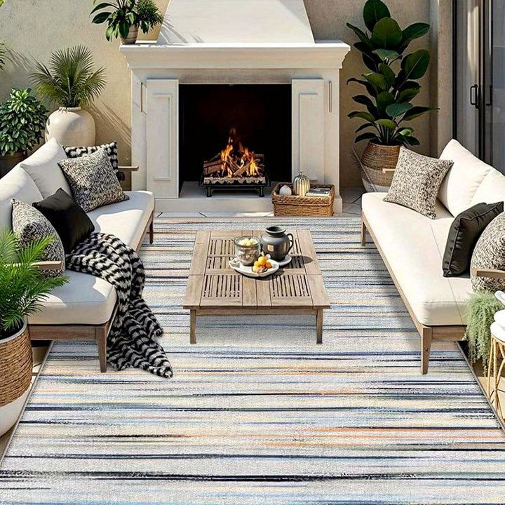 Siete Ciervos Alfombra de Exterior de Veludo Ultra-Suave - Antideslizante, Lavable en Máquina, Patrón Geométrico en Azul, Beige y Rayas Marrones - Ideal para Acampar, Patio o Uso Interior/Exterior, Alfombra Interior/Exterior | Alfombra con Patrón Geométr