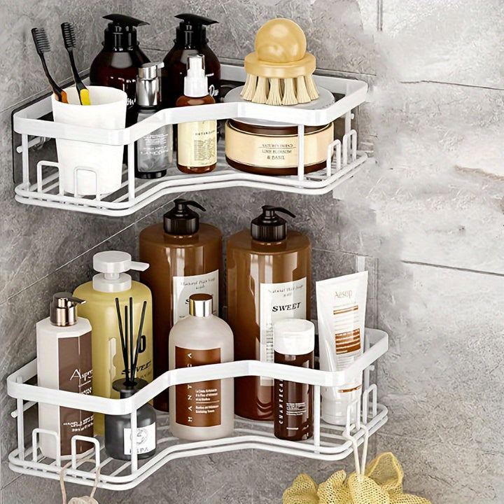 2pcs Estantes de Esquina de Hierro Fundido Lacado en Negro, Organizador de Baño Montado en la Pared con Ganchos, Cestas de Almacenamiento de Acero Inoxidable para Accesorios de Baño, Organizadores y Almacenamiento de Baño