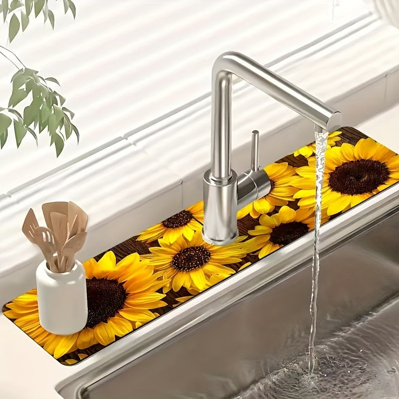 Tapete de fregadero de cocina de secado rápido con estampado de girasol - Poliéster duradero, diseño floral amarillo y negro, ideal para baño, oficina y decoración del hogar, tapete de baño | Tapete decorativo de fregadero | Tapete de poliéster